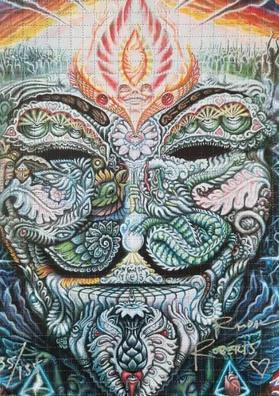 Vendetta Acid 125µg LSD blotter with stylized Guy Fawkes design